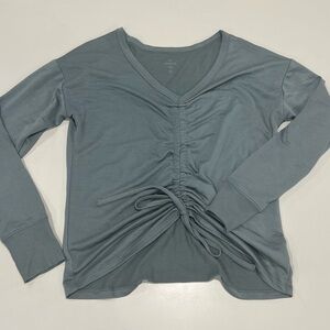 Freely V-Neck Ruched Long Sleeve Top in Dusty Blue